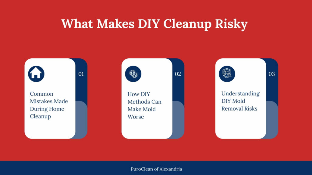 Infographic explaining why DIY cleanup is risky, including common home cleanup mistakes, how DIY methods can worsen mold, and mold removal risks by PuroClean of Alexandria.