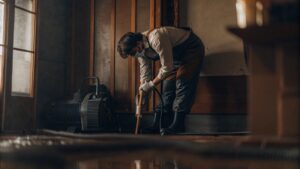 Professional inspecting and removing water from a flooded home in Alexandria, highlighting hidden water damage restoration costs.