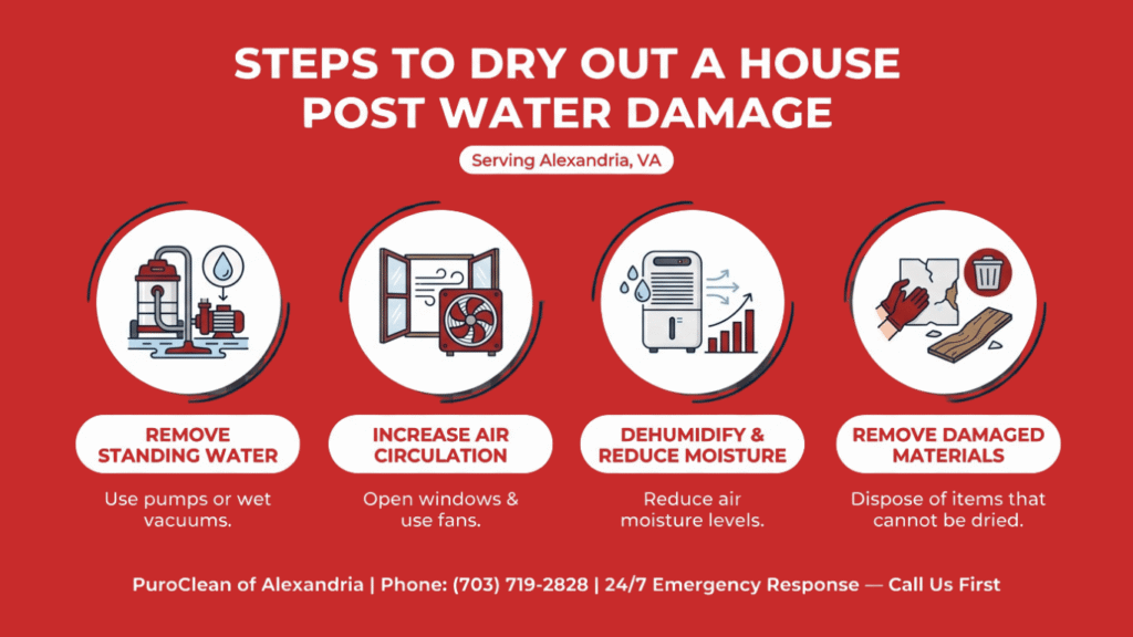 Infographic showing steps to dry out a house after water damage in Alexandria, including removing standing water, increasing air circulation, dehumidifying, and removing damaged materials.