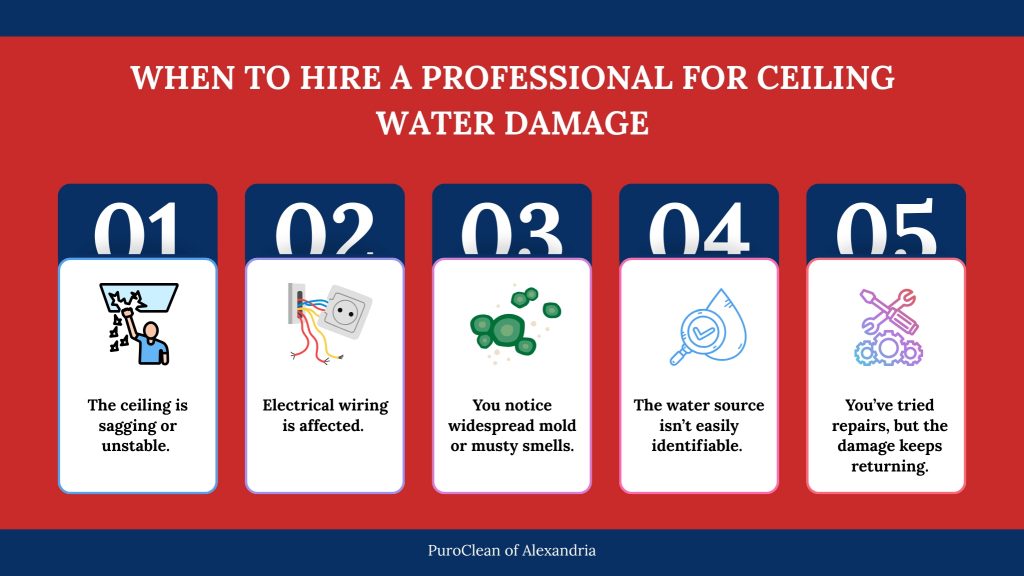 Infographic showing when to hire a professional for ceiling water damage: sagging ceiling, electrical issues, mold, unknown water source, or recurring damage.