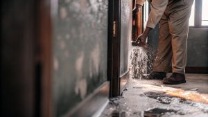 Person cleaning mold and debris from a damaged interior wall during mold remediation