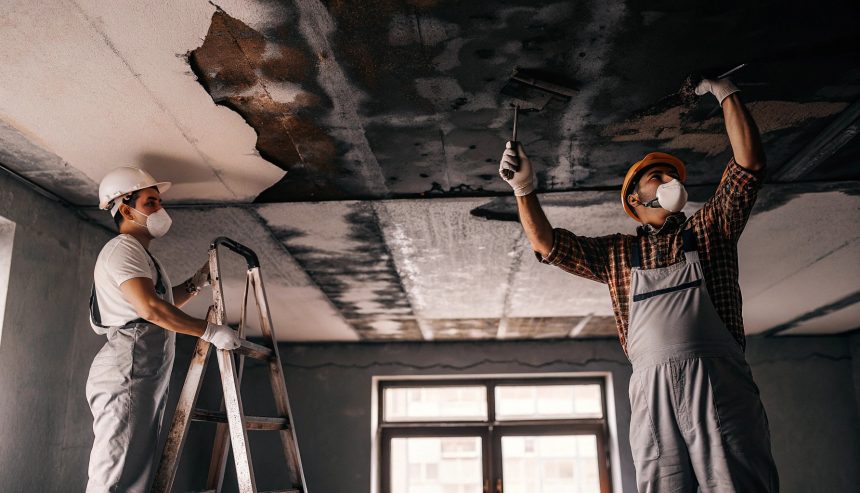 Professional technicians repairing ceiling water damage in an Alexandria home, removing damaged drywall and ensuring safe restoration after a leak.