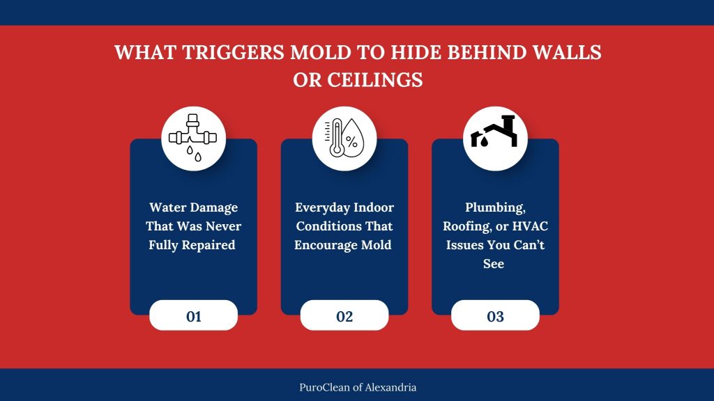 What causes mold to hide behind walls and ceilings