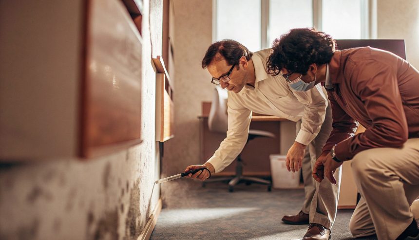 Professionals inspecting a wall for early signs of mold
