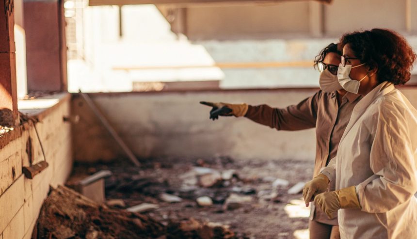Two people wearing protective masks and gloves inspect a damaged indoor area, with one person pointing toward debris on the ground as they assess the cleanup needs.
