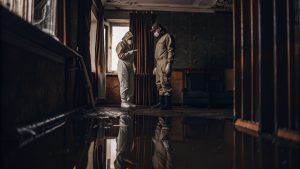 Professionals wearing protective gear inspecting water damage and potential mold growth inside a flooded home
