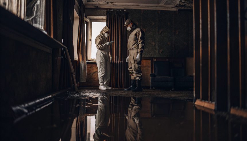 Professionals wearing protective gear inspecting water damage and potential mold growth inside a flooded home