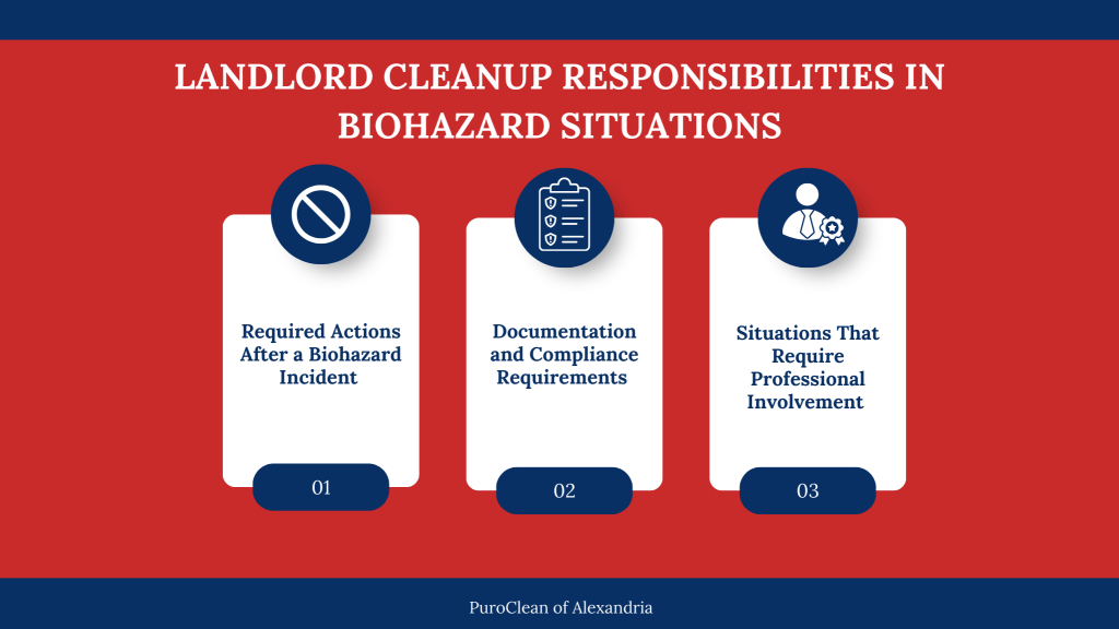 “Infographic titled ‘Landlord Cleanup Responsibilities in Biohazard Situations’ showing three sections: Required Actions After a Biohazard Incident, Documentation and Compliance Requirements, and Situations That Require Professional Involvement. Branded by PuroClean of Alexandria.”