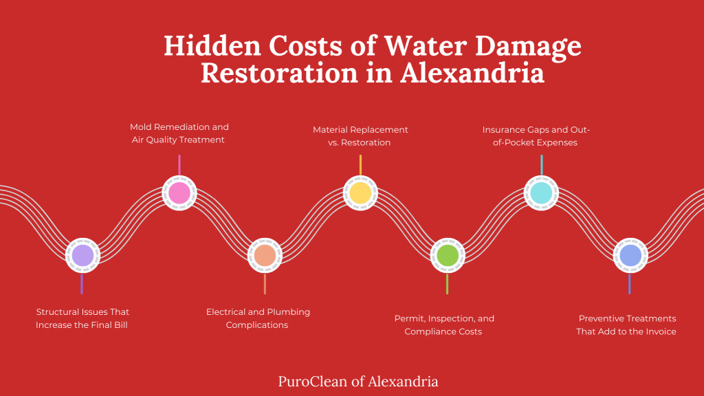 Infographic titled “Hidden Costs of Water Damage Restoration in Alexandria” highlighting mold remediation, structural issues, electrical and plumbing repairs, material replacement, permit and inspection fees, insurance gaps, and preventive treatment expenses.