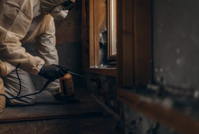 Technician performing mold remediation inside a home, spraying treatment during the mold removal process