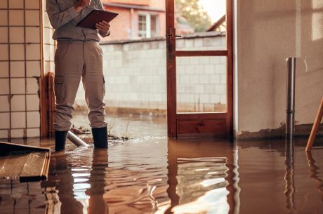 Home inspector assessing indoor flooding caused by Alexandria weather-related water damage