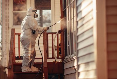 Technician in protective suit performing 24 hour biohazard cleanup at a residential property in Alexandria VA during an emergency response.