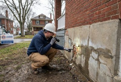Inspector examining cracks and moisture damage on home foundation in Alexandria indicating potential structural water damage