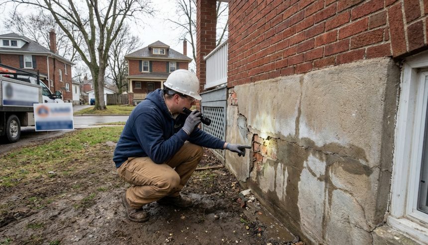 Inspector examining cracks and moisture damage on home foundation in Alexandria indicating potential structural water damage