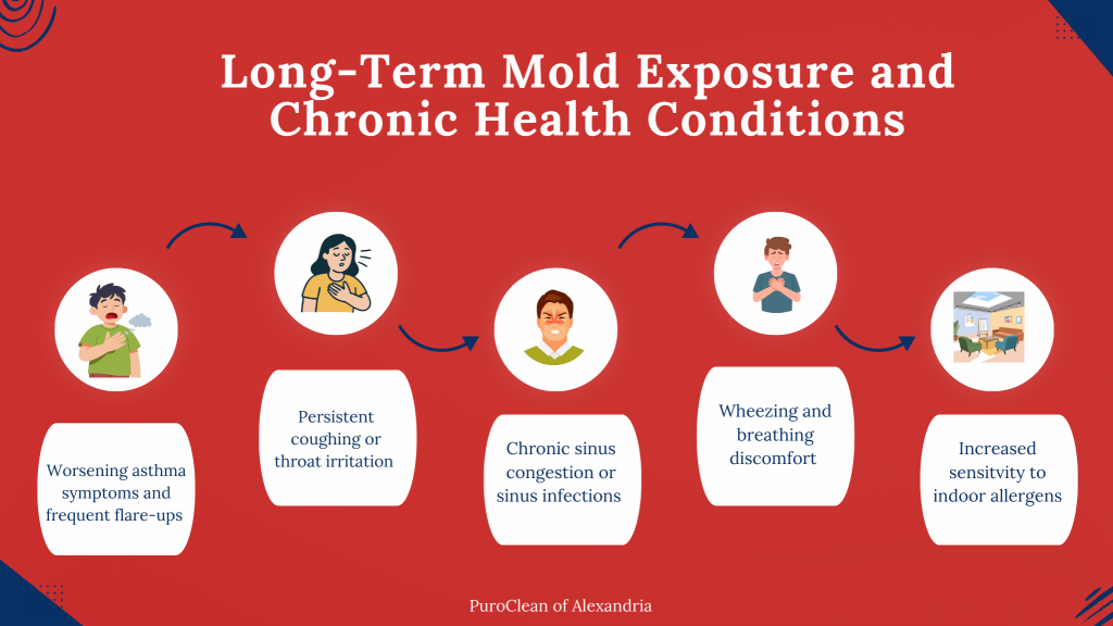 Infographic showing long-term mold exposure health effects including worsening asthma symptoms, persistent coughing, chronic sinus congestion, wheezing, and increased sensitivity to indoor allergens.