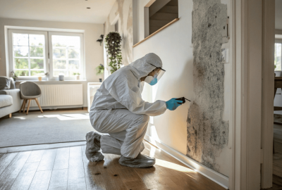 Professional inspecting mold growth on a home wall while wearing protective gear during mold exposure health effects assessment