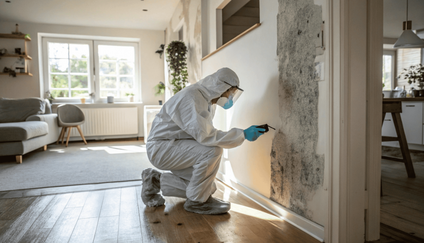 Professional inspecting mold growth on a home wall while wearing protective gear during mold exposure health effects assessment