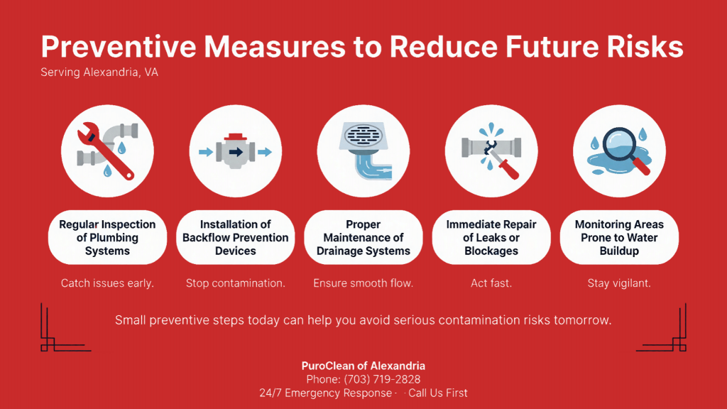 Preventive Measures to Reduce Future Risks” for Alexandria, VA showing five sewage cleanup prevention tips: inspect plumbing systems regularly, install backflow prevention devices, maintain drainage systems, repair leaks or blockages immediately, and monitor areas prone to water buildup.