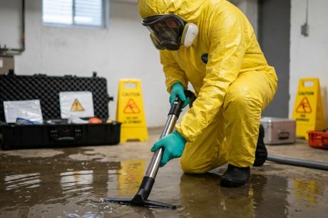 Technician in protective hazmat gear removing contaminated water from a basement floor during sewage cleanup in Alexandria, VA.