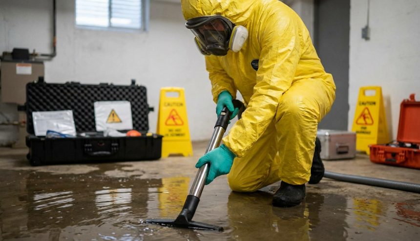 Technician in protective hazmat gear removing contaminated water from a basement floor during sewage cleanup in Alexandria, VA.