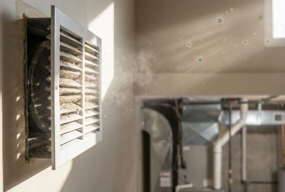 Dust and airborne particles blowing from an HVAC air vent, illustrating how mold spores can circulate through indoor air systems
