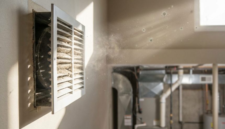 Dust and airborne particles blowing from an HVAC air vent, illustrating how mold spores can circulate through indoor air systems