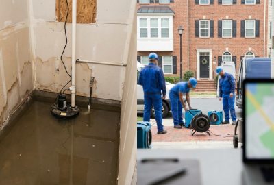 Water damage restoration crew arriving at an Alexandria, VA home with drying equipment while standing water and a sump pump are visible inside the property.