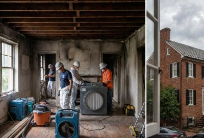 Fire damage restoration crew working inside a smoke-damaged Alexandria home with drying equipment and cleanup tools.