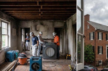Fire damage restoration crew working inside a smoke-damaged Alexandria home with drying equipment and cleanup tools.