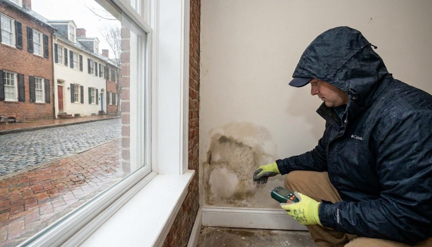 Mold inspection in an Alexandria rental property showing a technician checking wall moisture near a window.