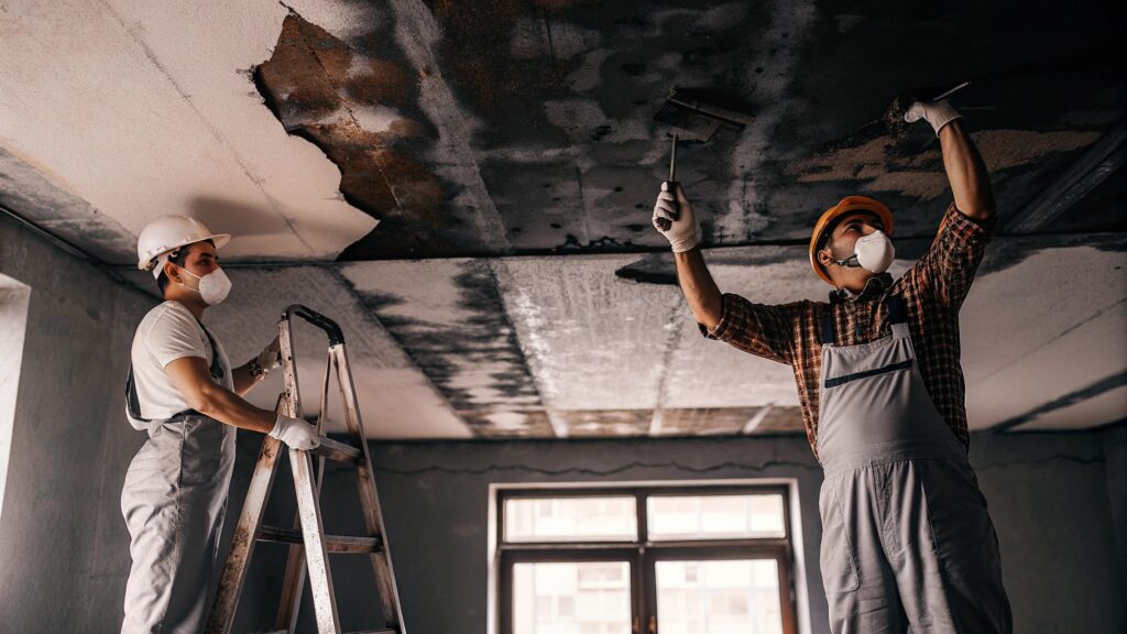 Professional technicians repairing ceiling water damage in an Alexandria home, removing damaged drywall and ensuring safe restoration after a leak.