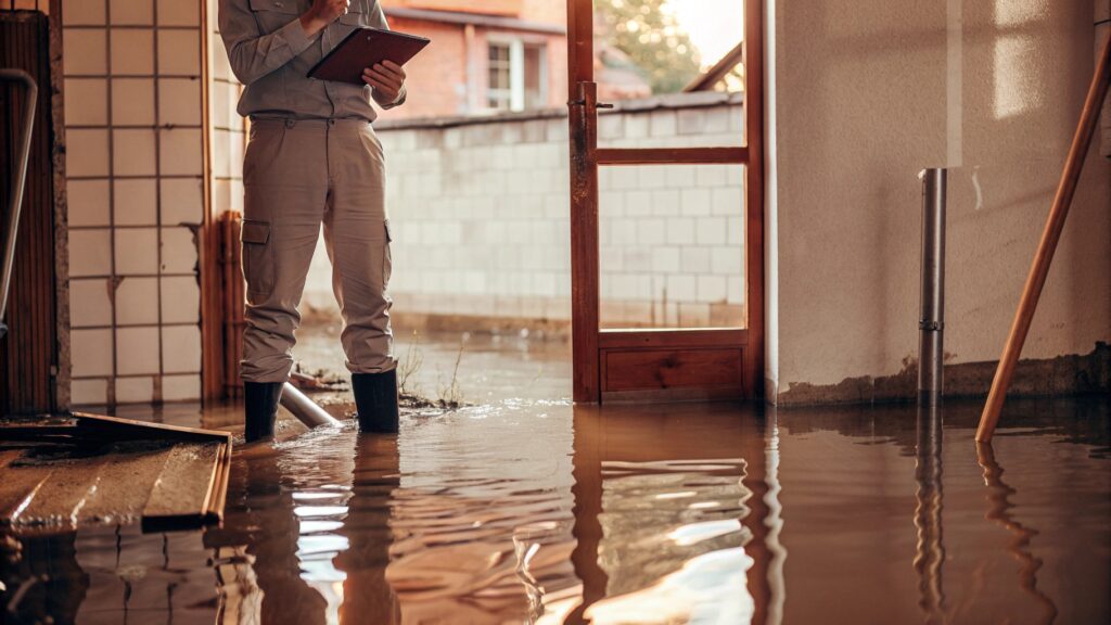 Home inspector assessing indoor flooding caused by Alexandria weather-related water damage