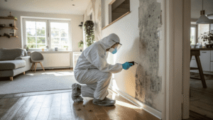 Professional inspecting mold growth on a home wall while wearing protective gear during mold exposure health effects assessment
