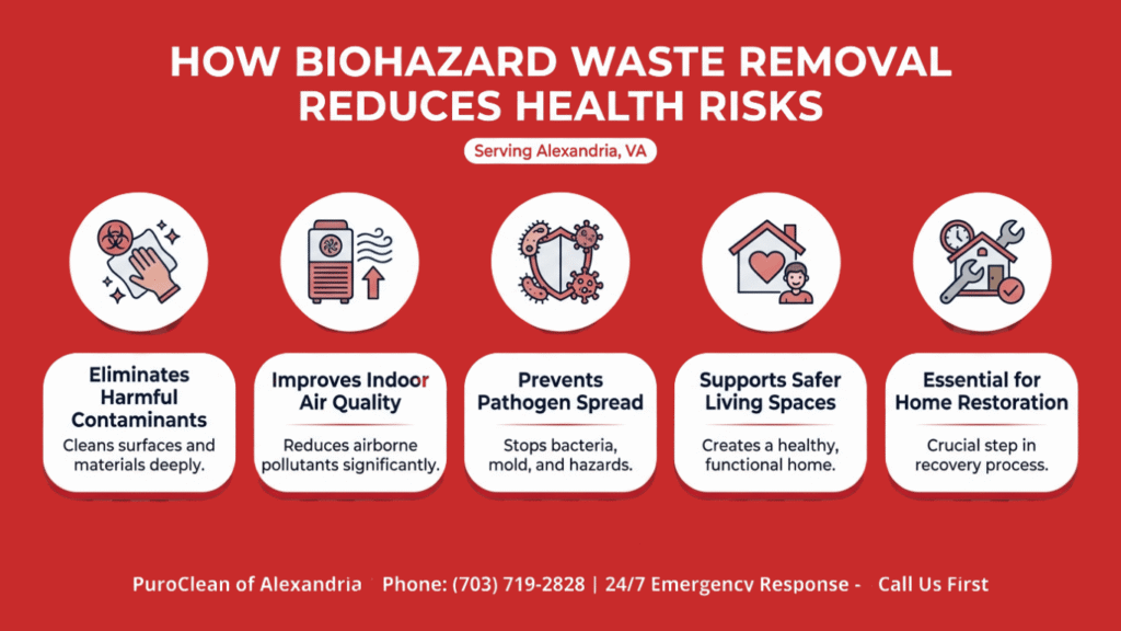 Infographic explaining how biohazard waste removal reduces health risks by eliminating contaminants, improving indoor air quality, preventing pathogen spread, and supporting safer living spaces.