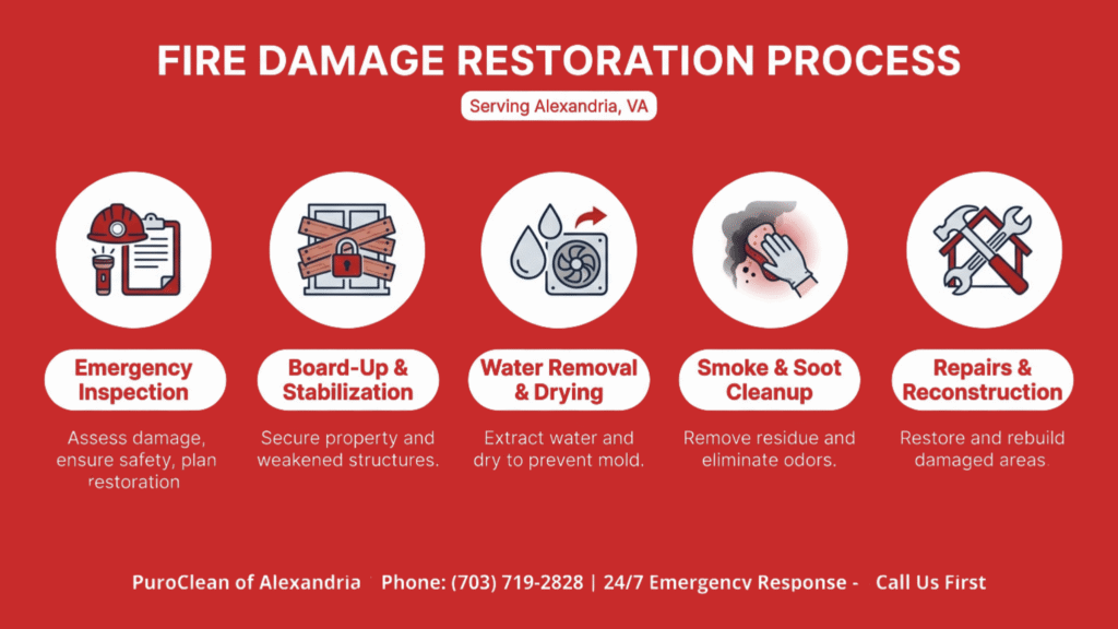 Infographic showing the fire damage restoration process in Alexandria VA, including emergency inspection, board-up, water removal, smoke and soot cleanup, and reconstruction.