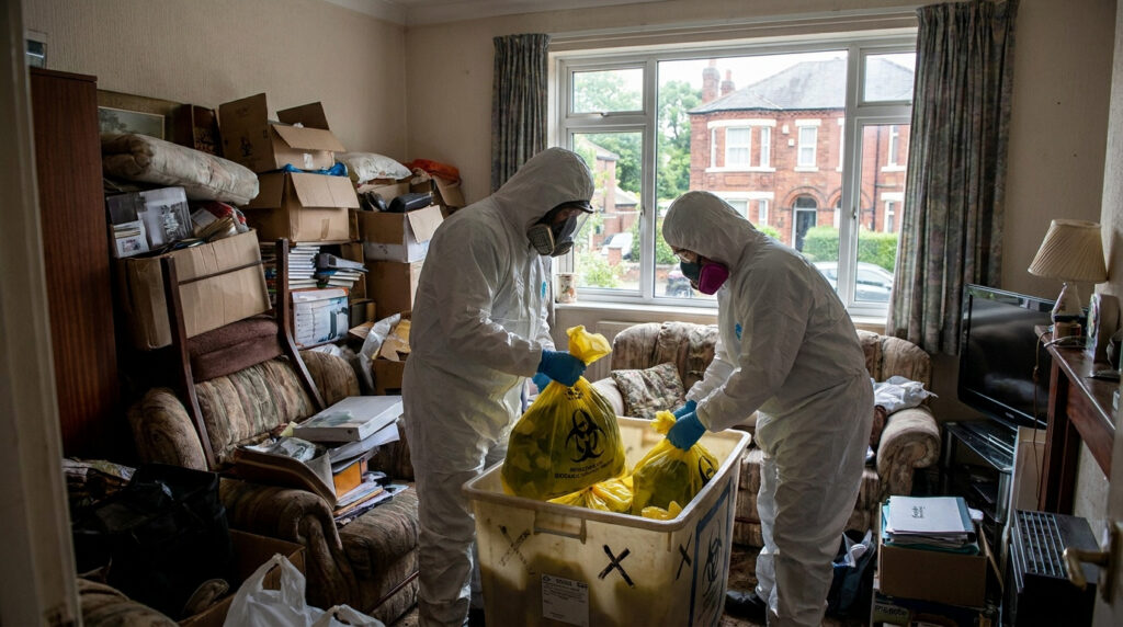 Biohazard cleanup workers in protective suits removing contaminated waste from a cluttered home using sealed hazardous material bags.