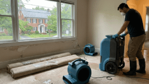 Water damage restoration technician drying out an Alexandria home with fans and dehumidifier after carpet and wall moisture damage.