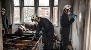 Fire damage restoration crew cleaning smoke and soot damage inside a home after a fire in Alexandria.