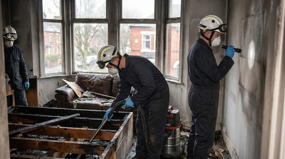 Fire damage restoration crew cleaning smoke and soot damage inside a home after a fire in Alexandria.