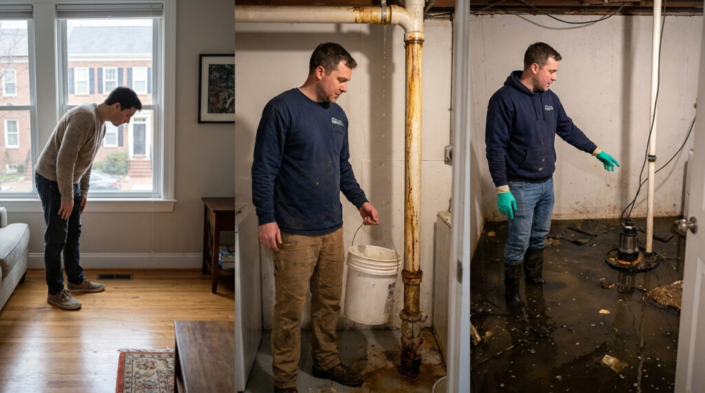 Alexandria water damage examples showing clean water, leaking pipes, and category 3 water damage in a flooded basement.