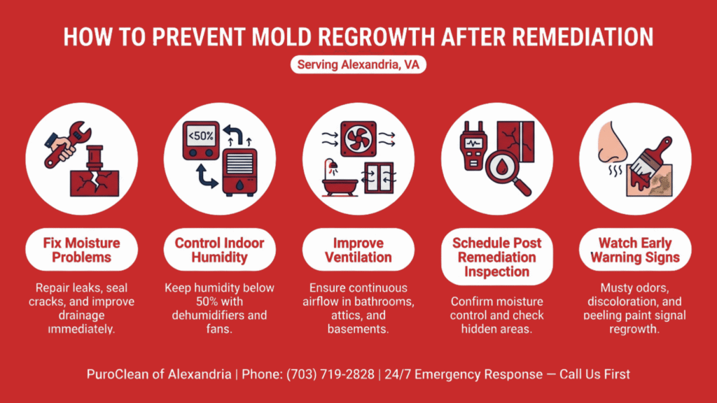 Infographic showing mold regrowth prevention steps after remediation including moisture control, humidity, ventilation, and post remediation inspection