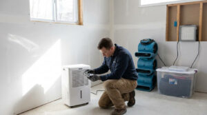 Technician monitoring dehumidifier and moisture levels for mold regrowth prevention after remediation