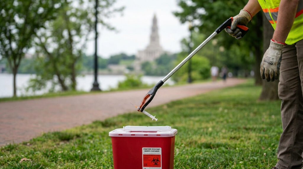 Worker safely collects a discarded needle into a sharps container in Alexandria VA.