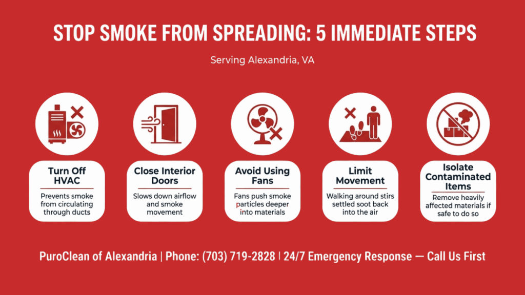 Infographic showing five immediate steps to stop smoke from spreading after a fire, including turning off HVAC and closing interior doors.