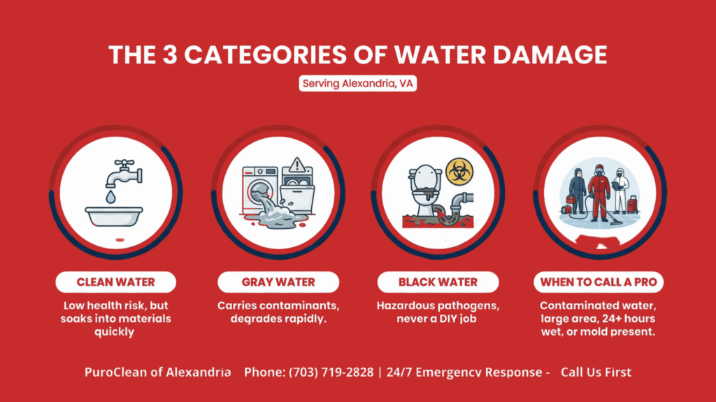 Infographic explaining the three categories of water damage in Alexandria, including clean water, gray water, black water, and when to call a professional.
