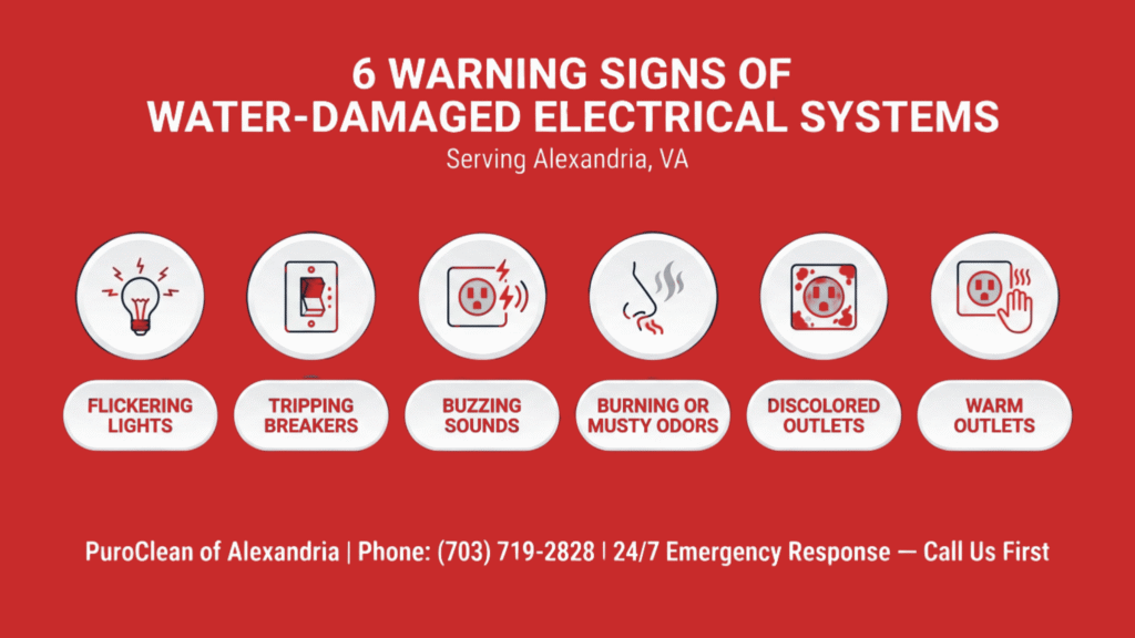 PuroClean of Alexandria infographic showing 6 warning signs of water-damaged electrical systems: flickering lights, tripping breakers, buzzing sounds, burning or musty odors, discolored outlets, and warm outlets.