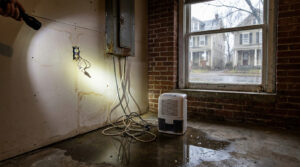 Exposed wiring and corroded breaker panel on a water-damaged basement wall in an Alexandria home, with standing water on the floor.