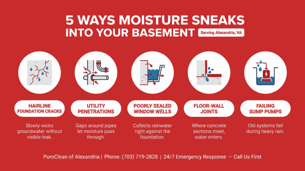 Infographic showing five ways moisture enters Alexandria basements.