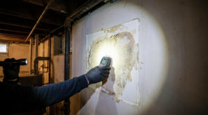 Technician checks hidden moisture after a water leak in an Alexandria basement.