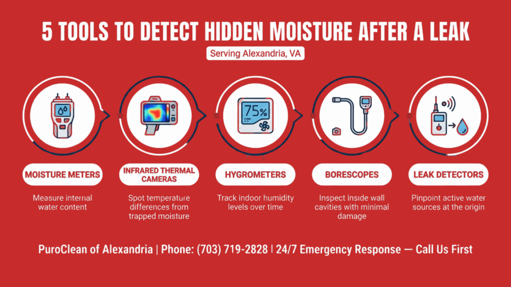 Infographic showing five tools to detect hidden moisture after a leak in Alexandria.